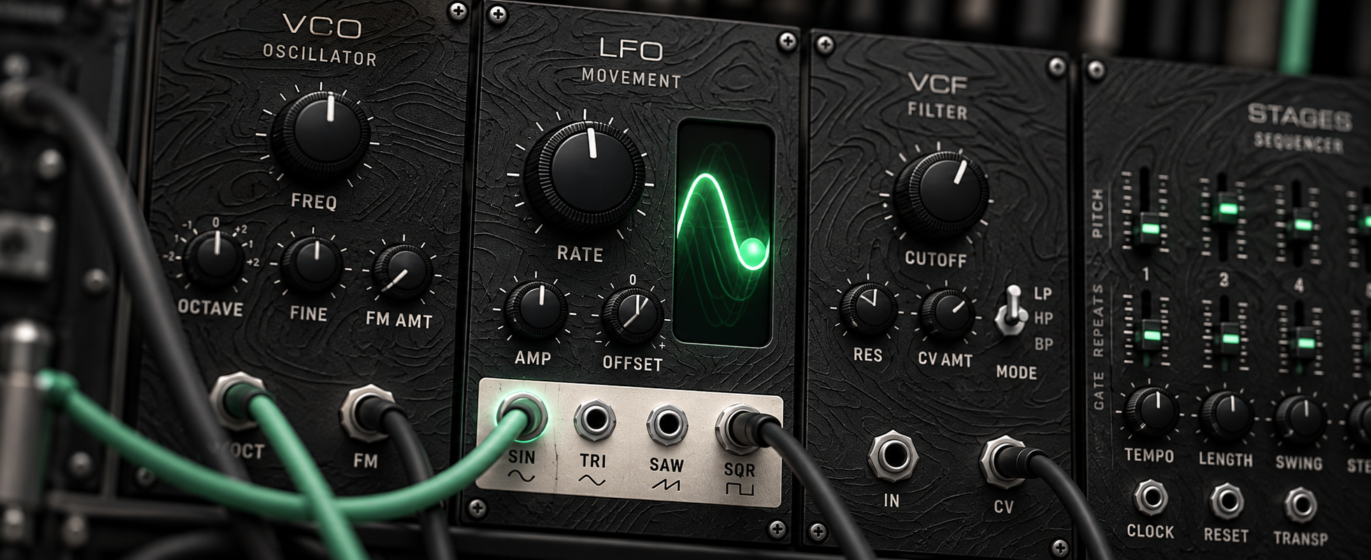 Illustration of an LFO waveform modulating a patched synthesizer